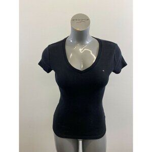 Tommy Hilfiger Women's V Neck T Shirt Size Medium Blue Short Sleeve Box Logo